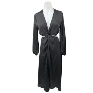 H&M Black Twist Front Plunge V-Neck Long Sleeve Cutout Midi Maxi A-line Dress S